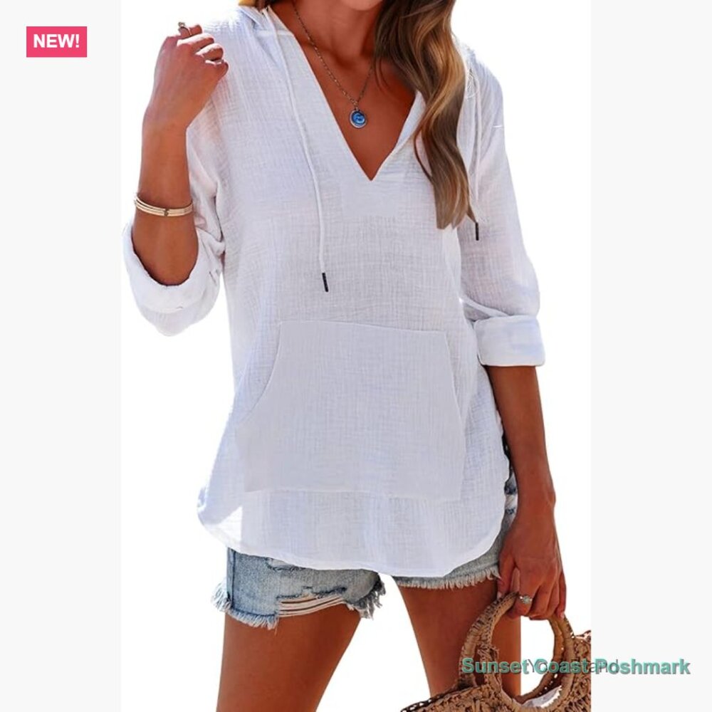 Cotton V-Neck Hooded Beach Cover Up with Pocket